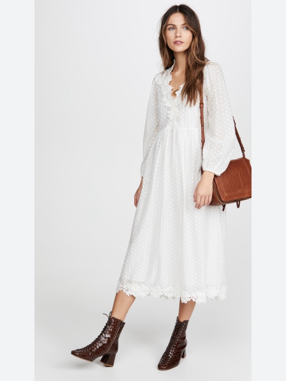The GREAT Swiss Dot Floral Lace Trim Long Sleeve Maxi Dress White XS